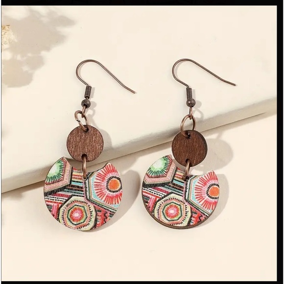 Boho Colorful Print Segmented Wooden Drop Style Earrings - Picture 6 of 6